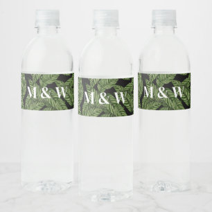 Modern Tropical Leaf Palm Plant Print Monogram  Water Bottle Label