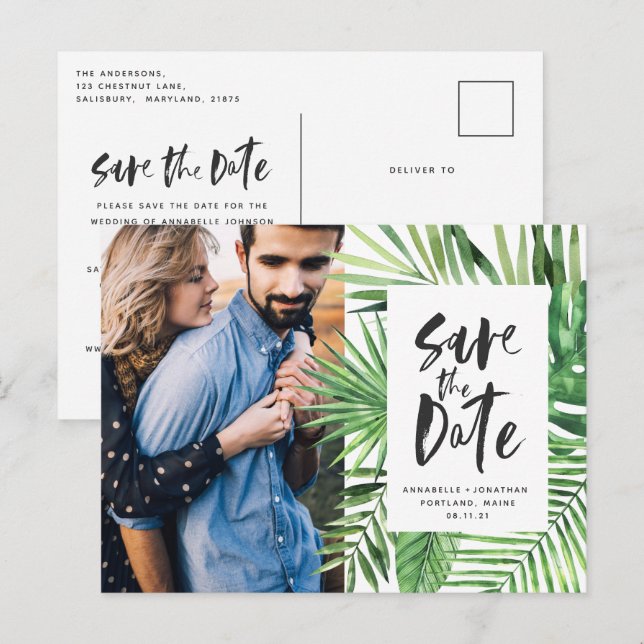 Modern tropical leaf script stylish wedding photo  invitation postcard (Front/Back)
