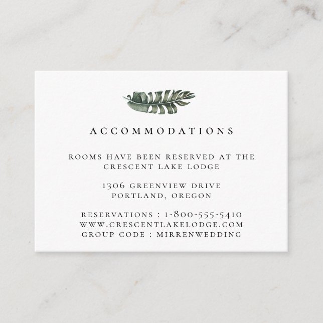 Modern Tropical Leaf Wedding Accommodations Enclosure Card (Front)