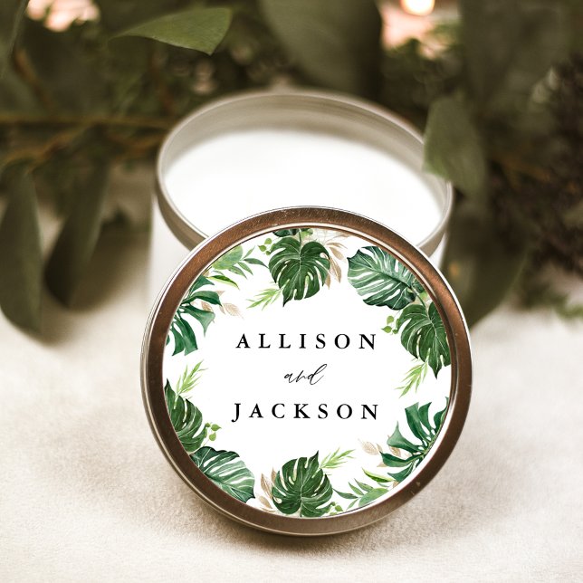 Modern Tropical Leaves Gold Personalized Wedding Classic Round Sticker (Creator Uploaded)