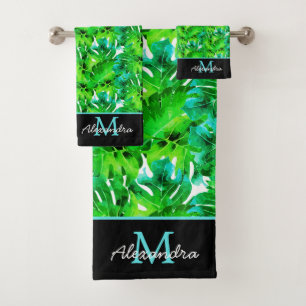 Modern Tropical Leaves Green Teal Blue Black Bath Towel Set
