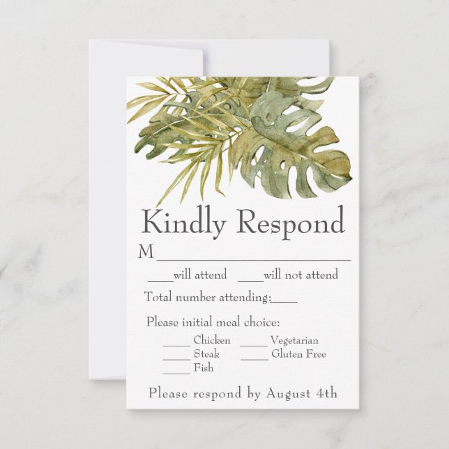 Modern Tropical Leaves Palm Meal Choice RSVP Card (Front)