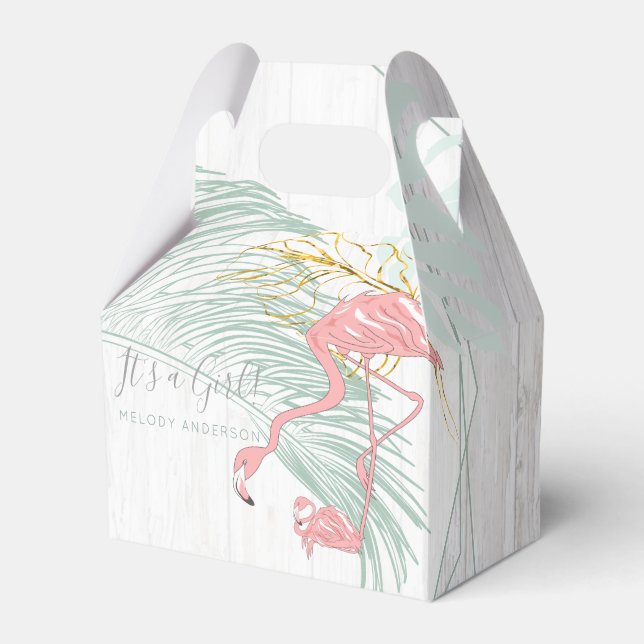 Modern Tropical Leaves Pink Flamingo Baby Shower Favor Box (Front Side)