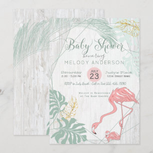 Modern Tropical Leaves Pink Flamingo Baby Shower Invitation