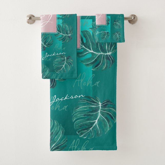 Modern tropical leaves rose gold monogram name bath towel set (Insitu)