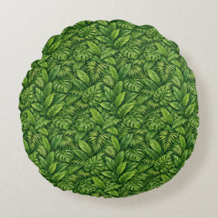 Modern Tropical Leaves Seamless Pattern Round Pillow