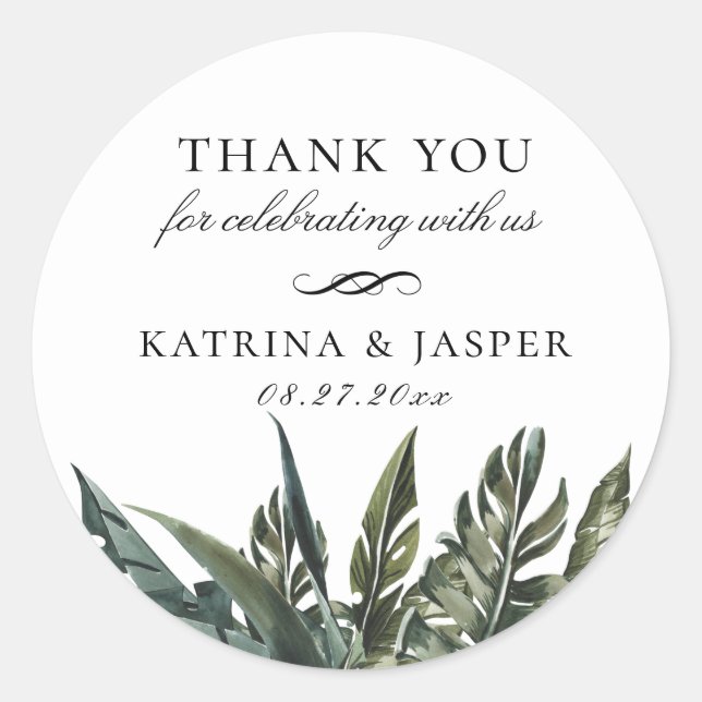 Modern Tropical Leaves Wedding Favour Classic Round Sticker (Front)