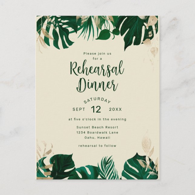 Modern Tropical Leaves Wedding Rehearsal Dinner Invitation Postcard (Front)