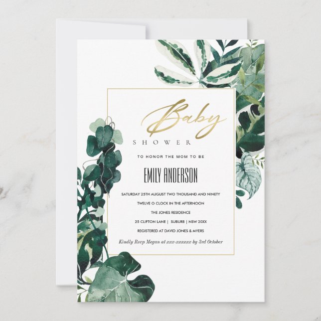 MODERN TROPICAL MONSTERA FAUNA BABY SHOWER INVITE (Front)