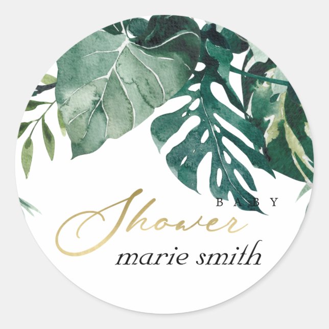 Modern Tropical Monstera Green Foliage Baby Shower Classic Round Sticker (Front)