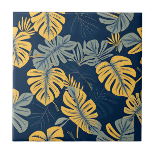 Modern Tropical Monstera Leaf Navy Gold Jungle Tile