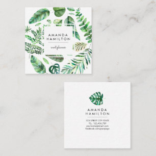 Modern Tropical monstera  Watercolor Floral Square Business Card
