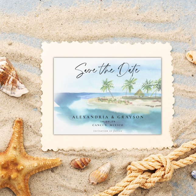 Modern Tropical Ocean Beach Wedding QR code  Save The Date (Creator Uploaded)