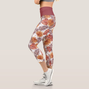 Modern Tropical Orange Palm Tree Leaves Summer Art Capri Leggings