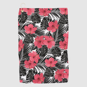 Modern Tropical Palm and Hibiscus Pattern Golf Towel