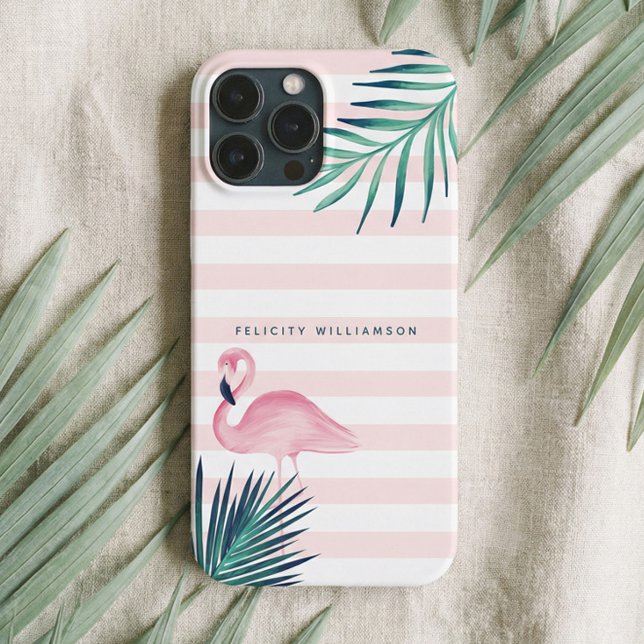Modern Tropical Palm Leaf Pink Flamingo Stripe Case-Mate iPhone Case (Tropical Palm Pink Flamingo Pink & White Stripe Case-Mate iPhone Case)