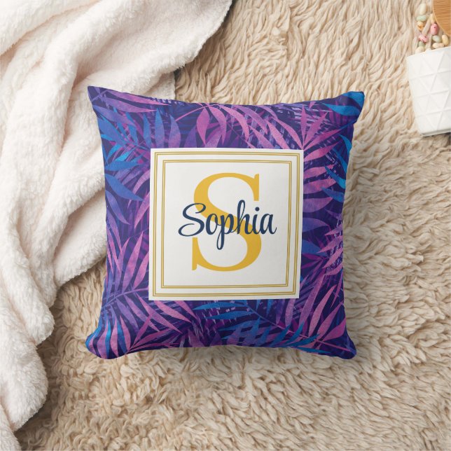 Modern Tropical Palm Leaf Script Name Monogram Throw Pillow (Blanket)