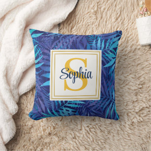 Modern Tropical Palm Leaves Custom Monogram Throw Pillow