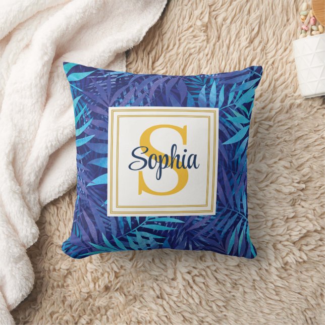 Modern Tropical Palm Leaves Custom Monogram Throw Pillow (Blanket)