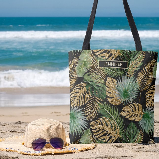 Modern Tropical Palm Leaves Faux Gold Glitter Name Tote Bag (Creator Uploaded)