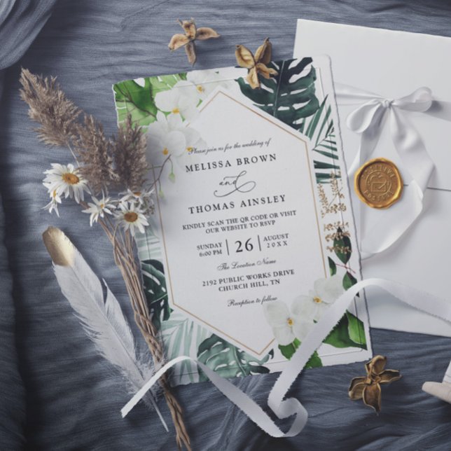 modern tropical palm leaves floral qr code wedding invitation (Creator Uploaded)