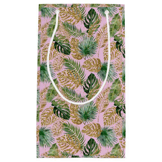 Modern Tropical Palm Leaves Monstera Gold Glitter Small Gift Bag (Front)