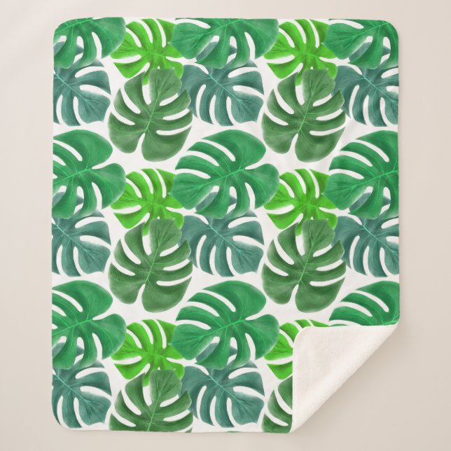 Modern Tropical Palm Leaves Sherpa Blanket  (Front)