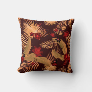 Modern Tropical Palm Pattern Brown Beige & Red Throw Pillow
