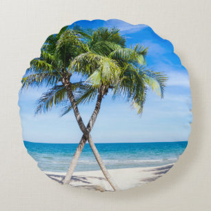 Modern tropical palm tree beach summer photo round pillow