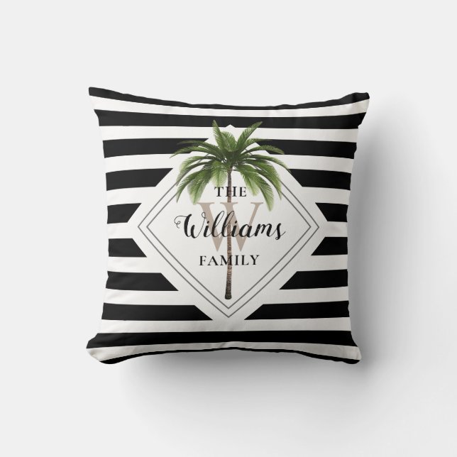 Modern Tropical Palm Tree Black And White Monogram Throw Pillow (Front)