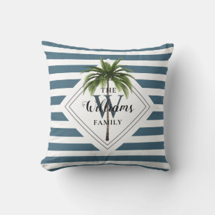 Modern Tropical Palm Tree Blue Stripes Monogram Throw Pillow