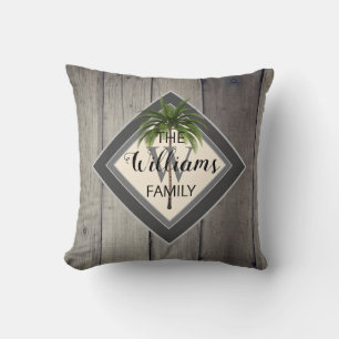 Modern Tropical Palm Tree Family Monogram Name Throw Pillow