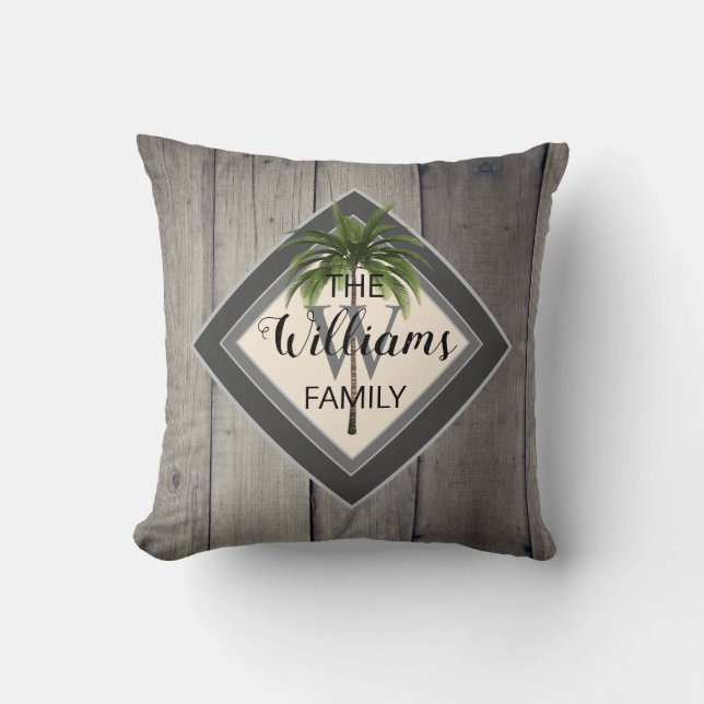 Modern Tropical Palm Tree Family Monogram Name Throw Pillow (Front)