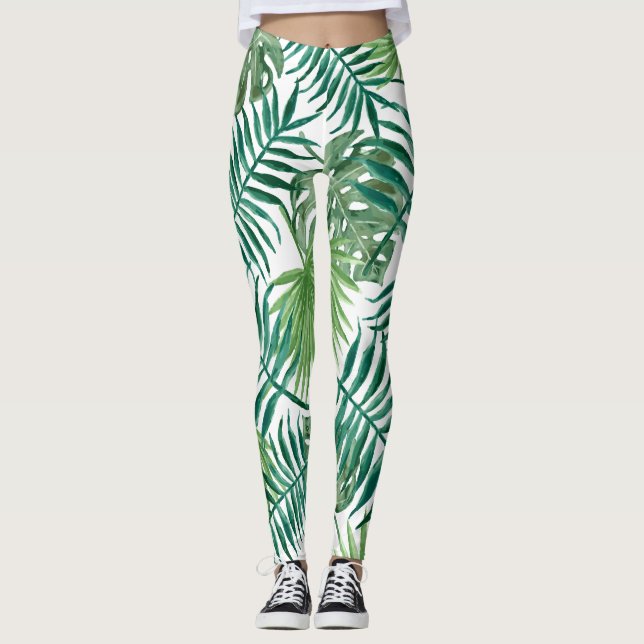 Modern tropical palm tree leaves leggings (Front)