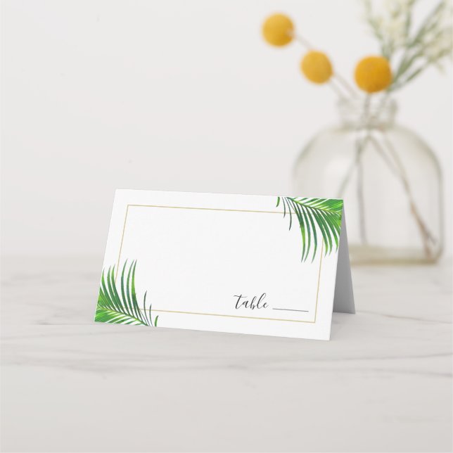 Modern Tropical Palm Tree Leaves Minimalist Place Card (Front)