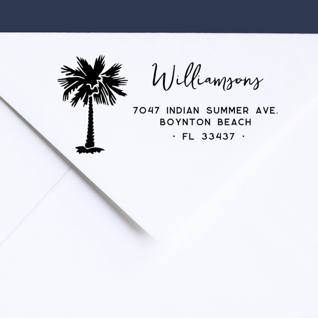 Modern Tropical Palm Tree Return Address Rubber Stamp (Modern Script Tropical Palm Tree Return Address Rubber Stamp)