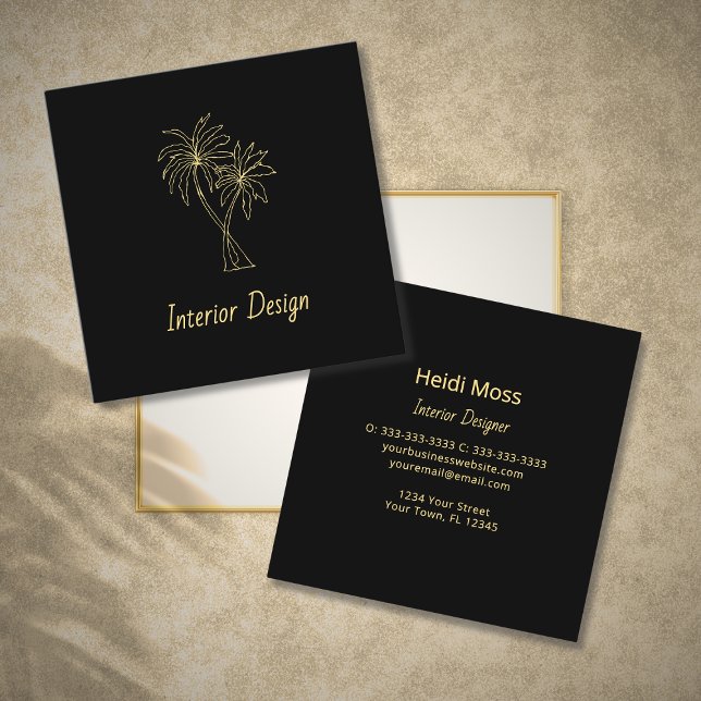 Modern Tropical Palm Trees Elegant Black Gold Square Business Card (Creator Uploaded)