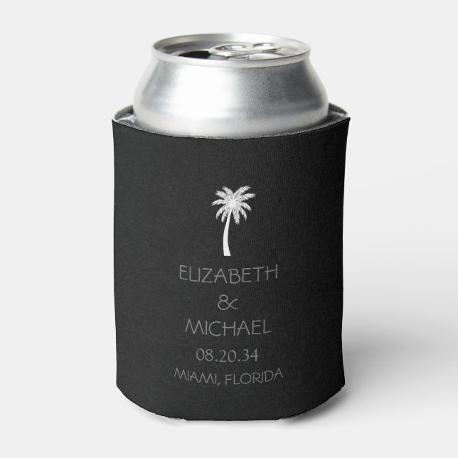 Modern Tropical Palm Trees Wedding Black white     Can Cooler (Can Front)