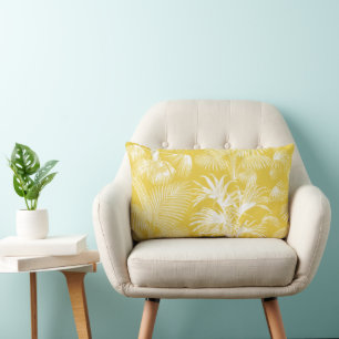 Modern Tropical Palm Trees White on Yellow Lumbar Pillow