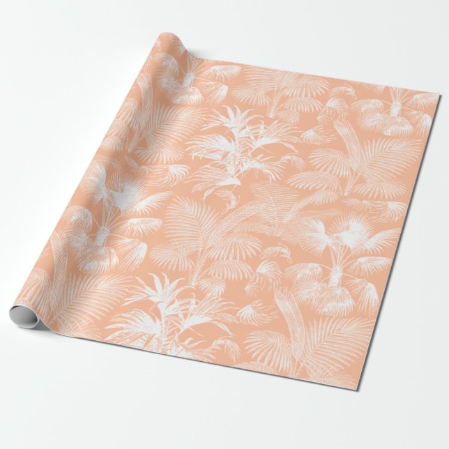 Modern Tropical Palm Trees White Peach Pink Wrapping Paper (Unrolled)