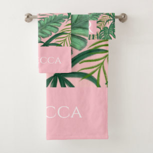 Modern Tropical Pattern Monogram Pink Towel Set