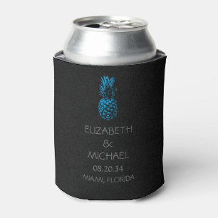 Modern Tropical Pineapple  Wedding Black Blue Can Cooler