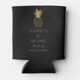 Modern Tropical Pineapple  Wedding Black Gold  Can Cooler