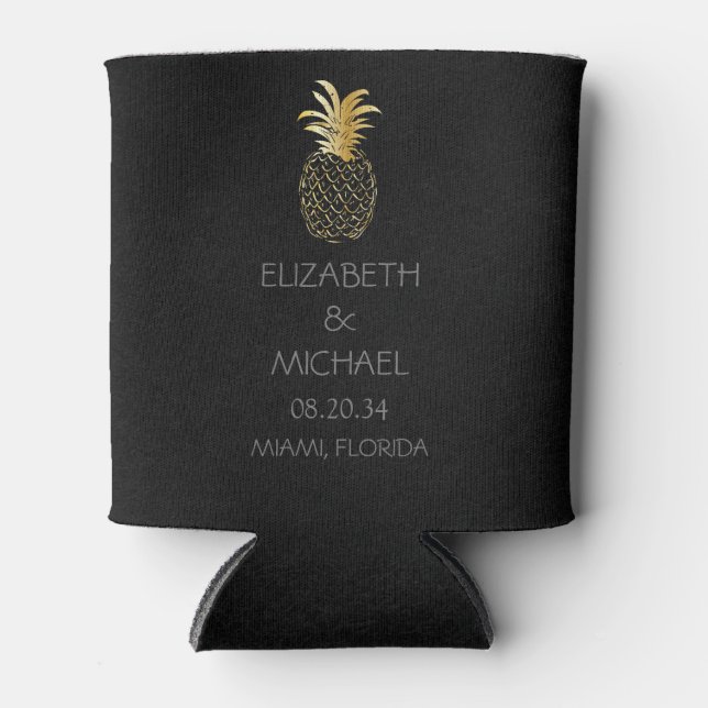 Modern Tropical Pineapple  Wedding Black Gold  Can Cooler (Front)
