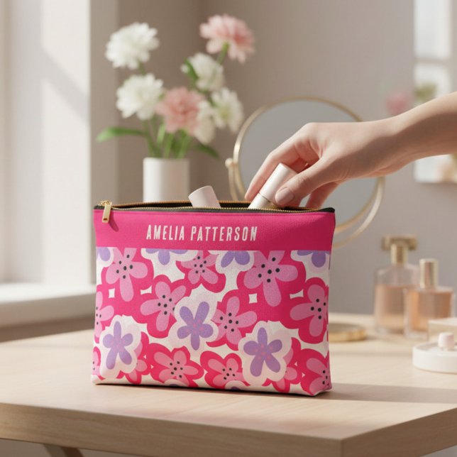 Modern Tropical Pink Floral Personalized Name Accessory Pouch (Creator Uploaded)