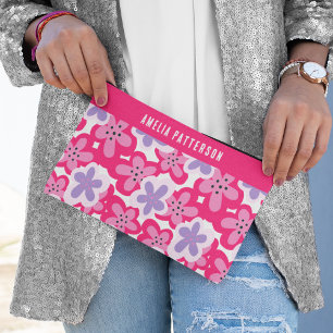 Modern Tropical Pink Floral Personalized Name Accessory Pouch