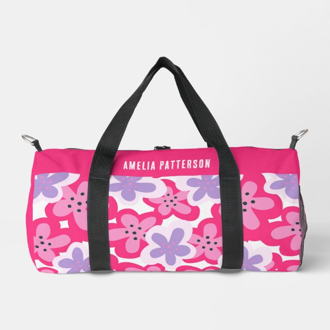 Modern Tropical Pink Floral Personalized Name Duffle Bag (Front)