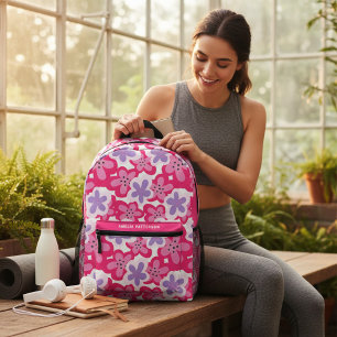 Modern Tropical Pink Floral Personalized Name Printed Backpack