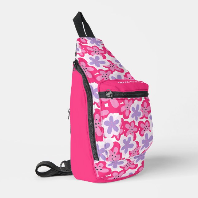 Modern Tropical Pink Floral Personalized Name Sling Bag (Left Corner)