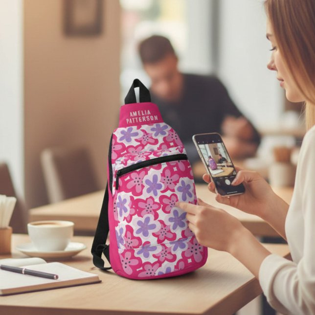 Modern Tropical Pink Floral Personalized Name Sling Bag (Creator Uploaded)